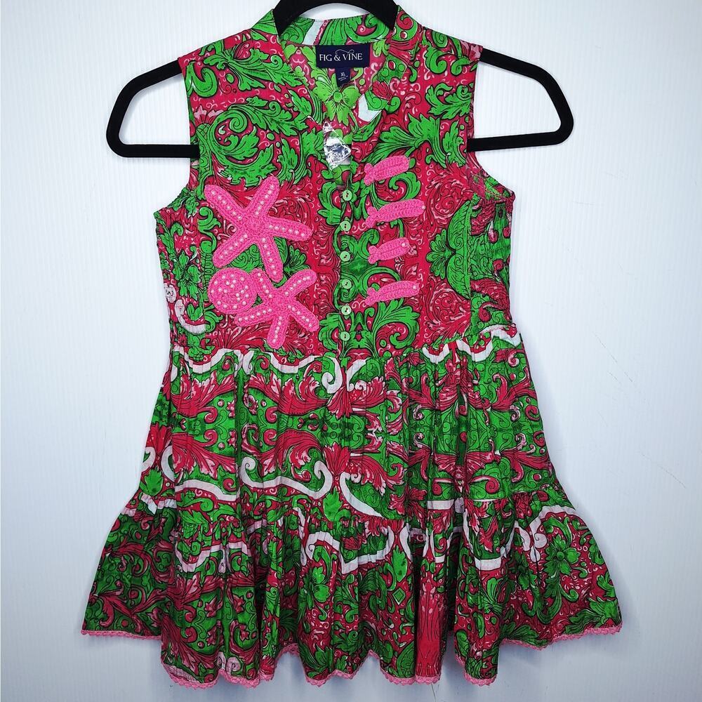 Fig & Vine Girls Tiered Dress XL Starfish Embroidered Pearl Smocked Beach Preppy